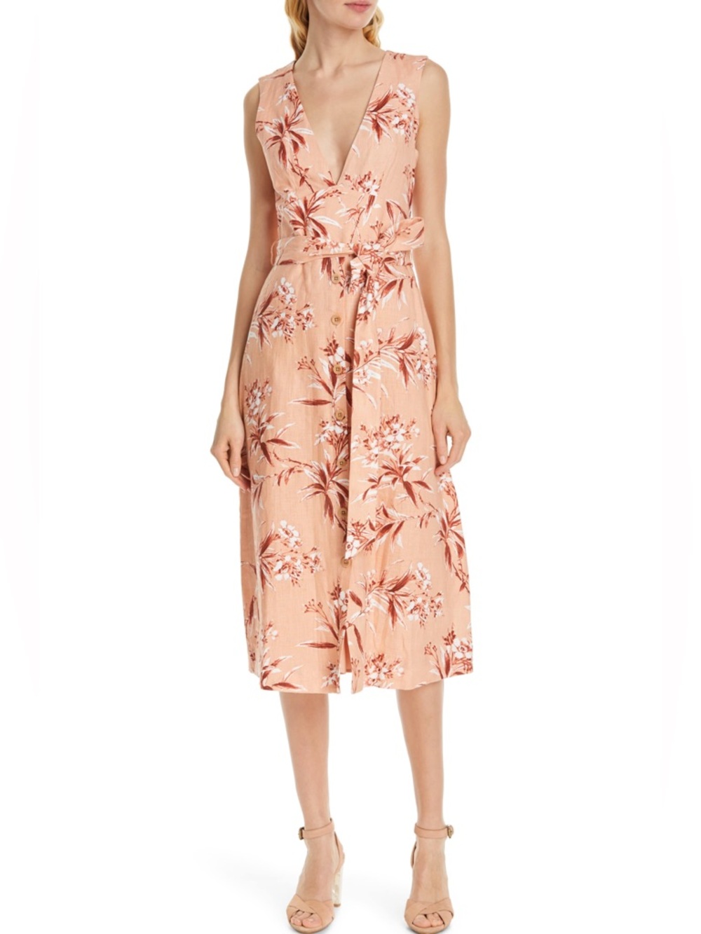 Joie Dresses Joie Ethelda Floral Linen Midi Dress Coral Blush Sleeveless V Neck